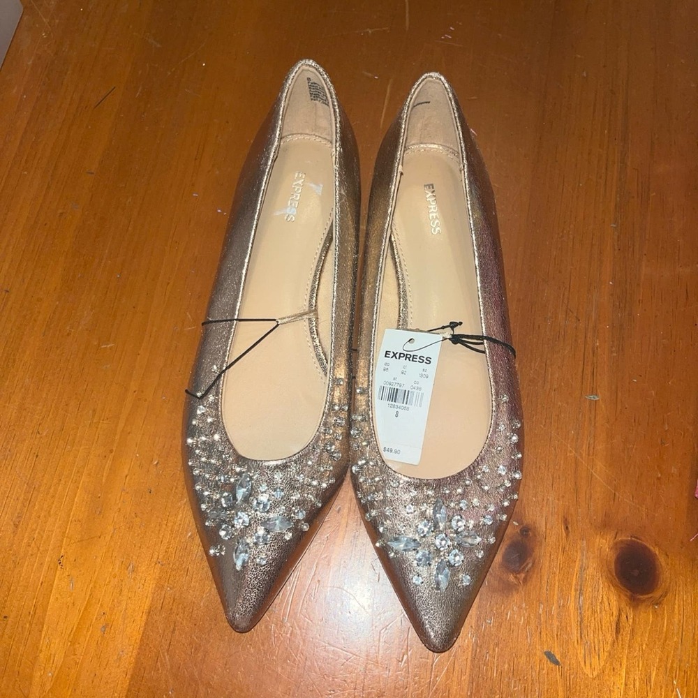 Express Rose Gold Embellished Pointed Toe Flats - Picture 2 of 3